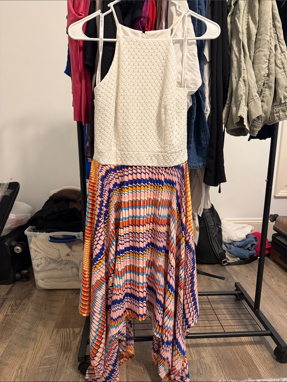 Bisou Bisou White Crochet Top with Multicolor Asymmetrical Pleated Skirt